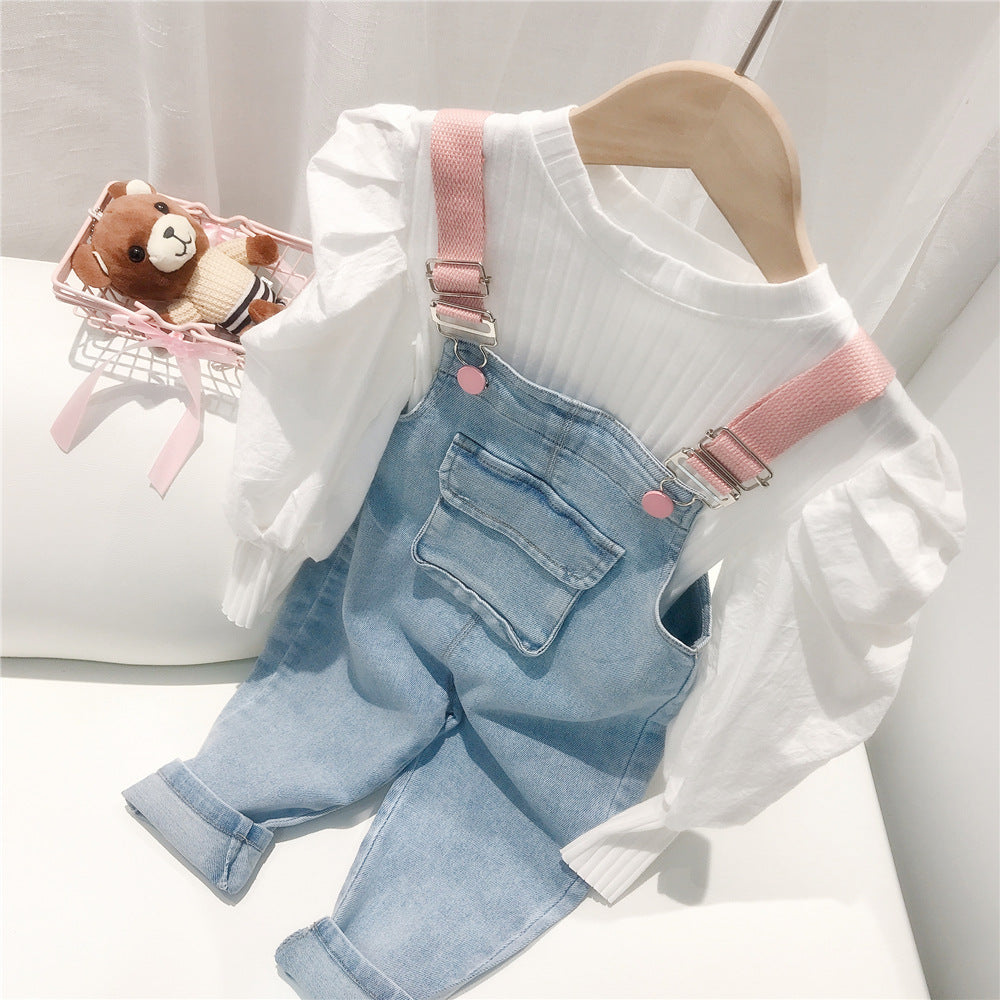 Baby Kid Girls Solid Color Muslin&Ribbed Tops And Jumpsuits Wholesale 22011206