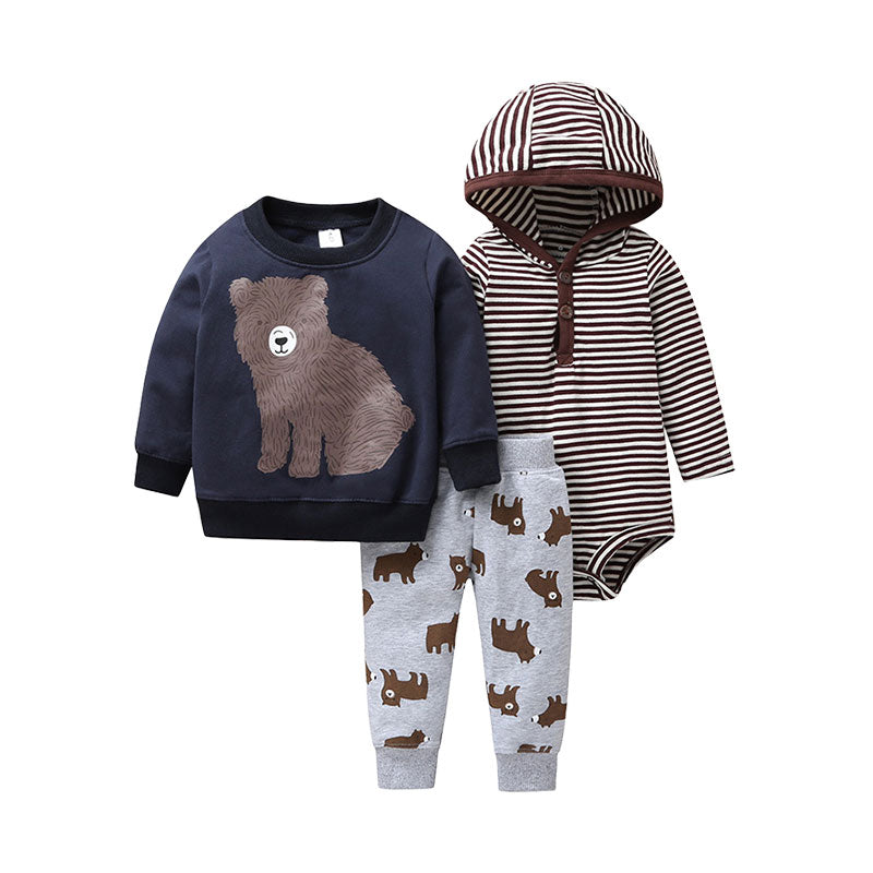 3 Pieces Set Baby Boys Striped Print Rompers Animals Cartoon Hoodies Swearshirts And Pants Wholesale 220113494