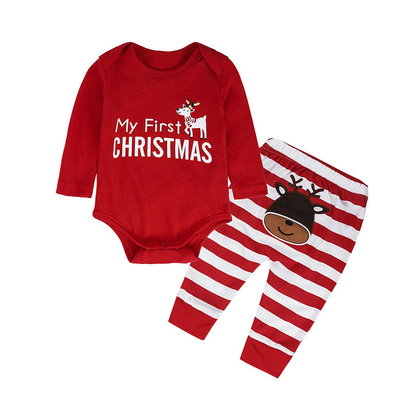 2 Pieces Set Baby Girls Christmas Letters Cartoon Print Rompers And Striped Pants Wholesale 220114107