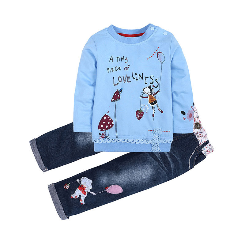 2 Pieces Set Baby Kid Girls Letters Fruit Cartoon Print Tops And Embroidered Jeans Wholesale 22011411