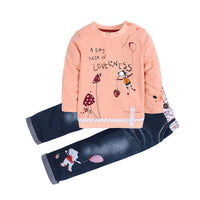 Load image into Gallery viewer, 2 Pieces Set Baby Kid Girls Letters Fruit Cartoon Print Tops And Embroidered Jeans Wholesale 22011411

