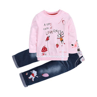 Load image into Gallery viewer, 2 Pieces Set Baby Kid Girls Letters Fruit Cartoon Print Tops And Embroidered Jeans Wholesale 22011411
