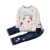 Load image into Gallery viewer, 2 Pieces Set Baby Kid Girls Letters Fruit Cartoon Print Tops And Embroidered Jeans Wholesale 22011411
