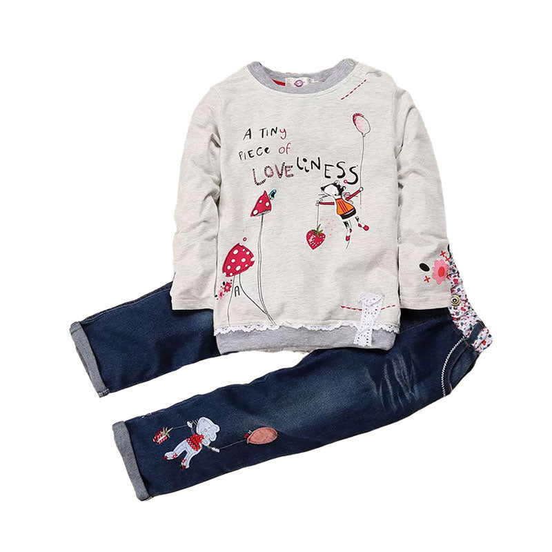 2 Pieces Set Baby Kid Girls Letters Fruit Cartoon Print Tops And Embroidered Jeans Wholesale 22011411