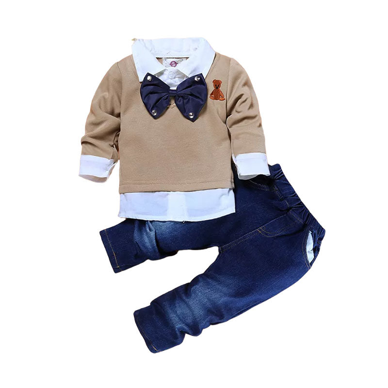 2 Pieces Set Baby Kid Boys Cartoon Bow Embroidered Tops And Solid Color Jeans Wholesale 22011412