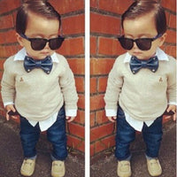 Load image into Gallery viewer, 2 Pieces Set Baby Kid Boys Cartoon Bow Embroidered Tops And Solid Color Jeans Wholesale 22011412
