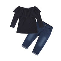 Load image into Gallery viewer, 2 Pieces Set Baby Kid Girls Solid Color Tops And Color-blocking Jeans Wholesale 220114134
