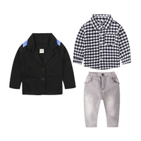 Load image into Gallery viewer, 3 Pieces Set Baby Kid Boys Checked Shirts Solid Color Blazers And Jeans Wholesale 22011414
