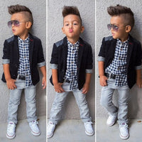 Load image into Gallery viewer, 3 Pieces Set Baby Kid Boys Checked Shirts Solid Color Blazers And Jeans Wholesale 22011414
