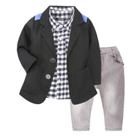 Load image into Gallery viewer, 3 Pieces Set Baby Kid Boys Checked Shirts Solid Color Blazers And Jeans Wholesale 22011414
