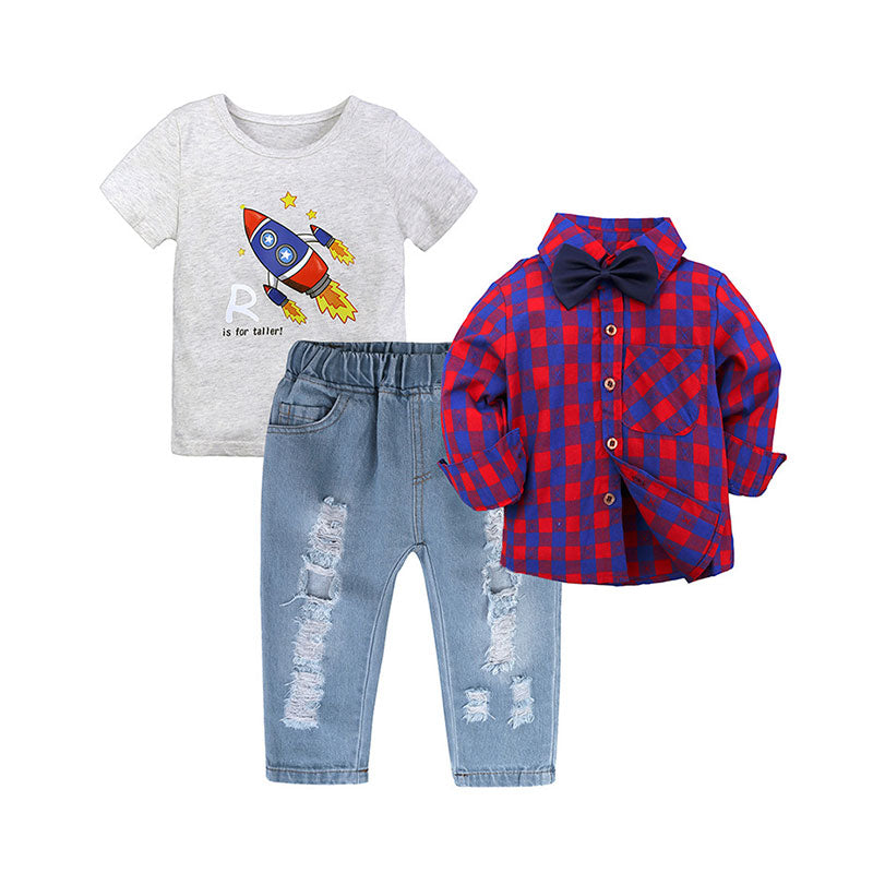 3 Pieces Set Baby Kid Boys Letters Cartoon Print T-Shirts And Checked Bow Shirts And Ripped Jeans Wholesale 220114142