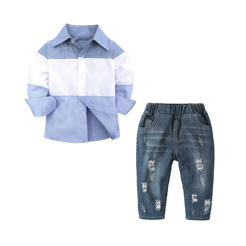 2 Pieces Set Baby Kid Boys Color-blocking Shirts And Ripped Jeans Wholesale 220114143
