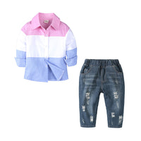 Load image into Gallery viewer, 2 Pieces Set Baby Kid Boys Color-blocking Shirts And Ripped Jeans Wholesale 220114143
