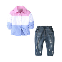 Load image into Gallery viewer, 2 Pieces Set Baby Kid Boys Color-blocking Shirts And Ripped Jeans Wholesale 220114144
