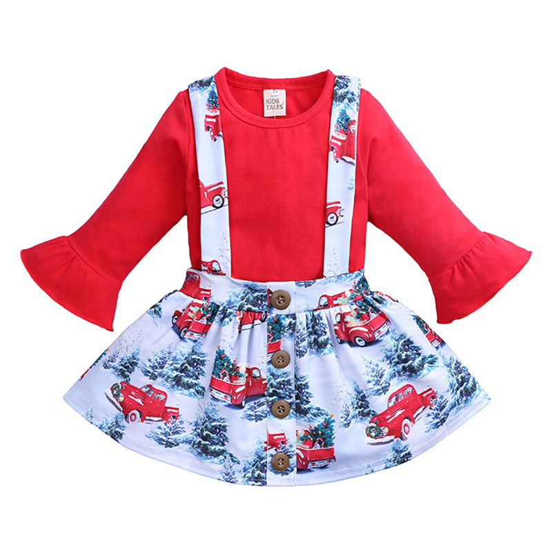 2 Pieces Set Baby Kid Girls Car Plant Print Skirts And Solid Color Tops Wholesale 220114172