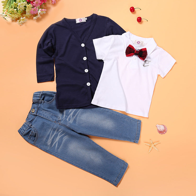 3 Pieces Set Baby Kid Boys Solid Color Jackets&Outwears Polo Shirts And Jeans Wholesale 22011420