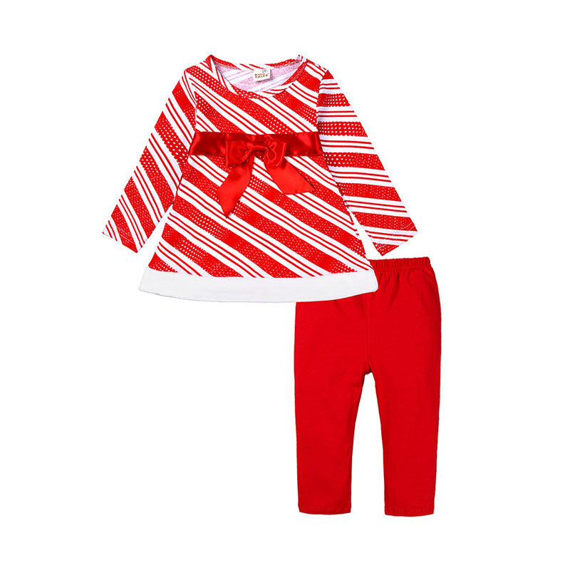 2 Pieces Set Baby Kid Girls Christmas Striped Bow Tops And Solid Color Pants Wholesale 220114349