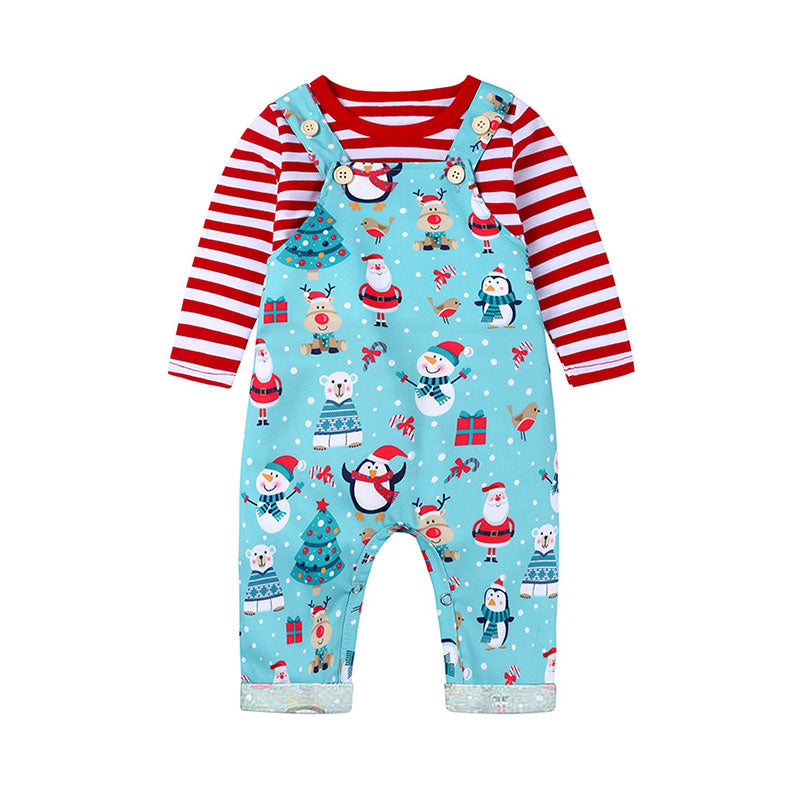 2 Pieces Set Baby Girls Boys Christmas Striped Print Tops And Cartoon Jumpsuits Wholesale 220114354
