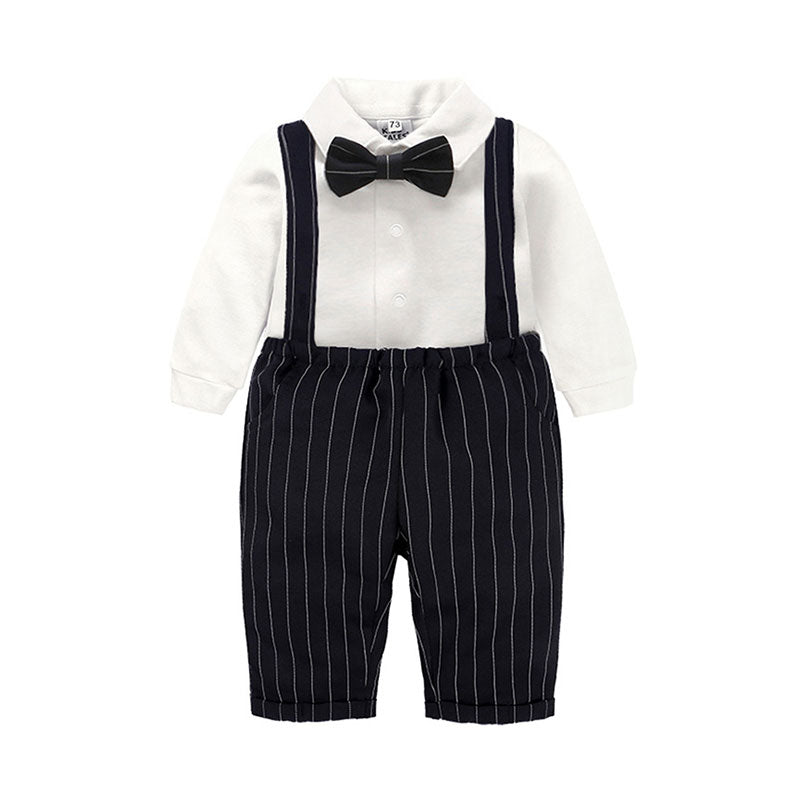 2 Pieces Set Baby Boys Birthday Party Solid Color Bow Shirts And Striped Jumpsuits Wholesale 2201143642