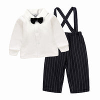 Load image into Gallery viewer, 2 Pieces Set Baby Boys Birthday Party Solid Color Bow Shirts And Striped Jumpsuits Wholesale 2201143642
