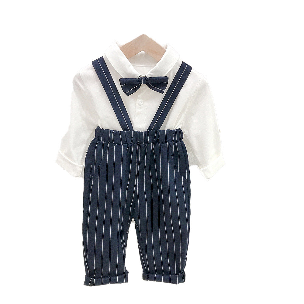 2 Pieces Set Baby Kid Boys Birthday Bow Solid Color Shirts And Striped Pants Suits Wholesale 220114461