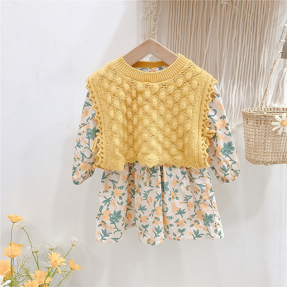 Baby Kid Girls Solid Color Crochet Vests&Waistcoats And Flower Print Dresses Wholesale 220114475