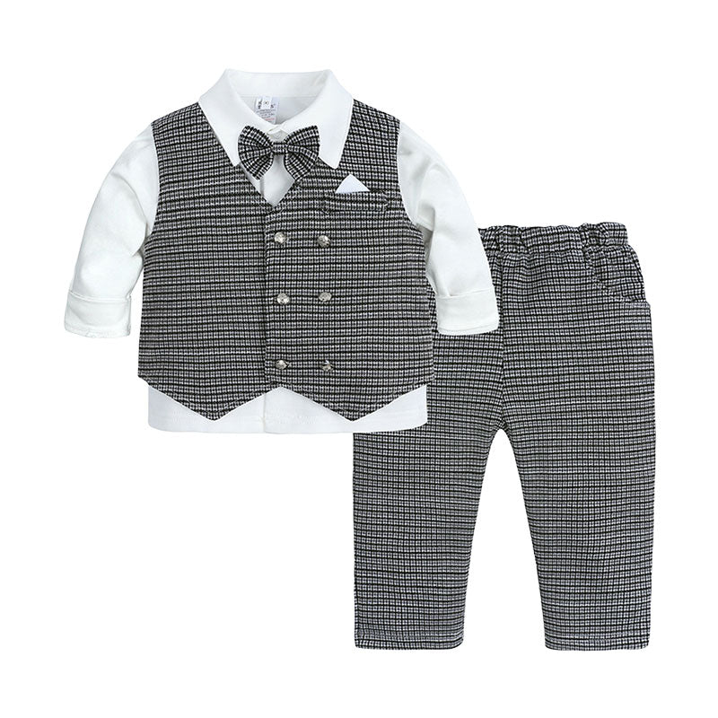 3 Pieces Set Baby Kid Boys Checked Bow Print Vests&Waistcoats Pants And Solid Color Shirts Wholesale 220114515