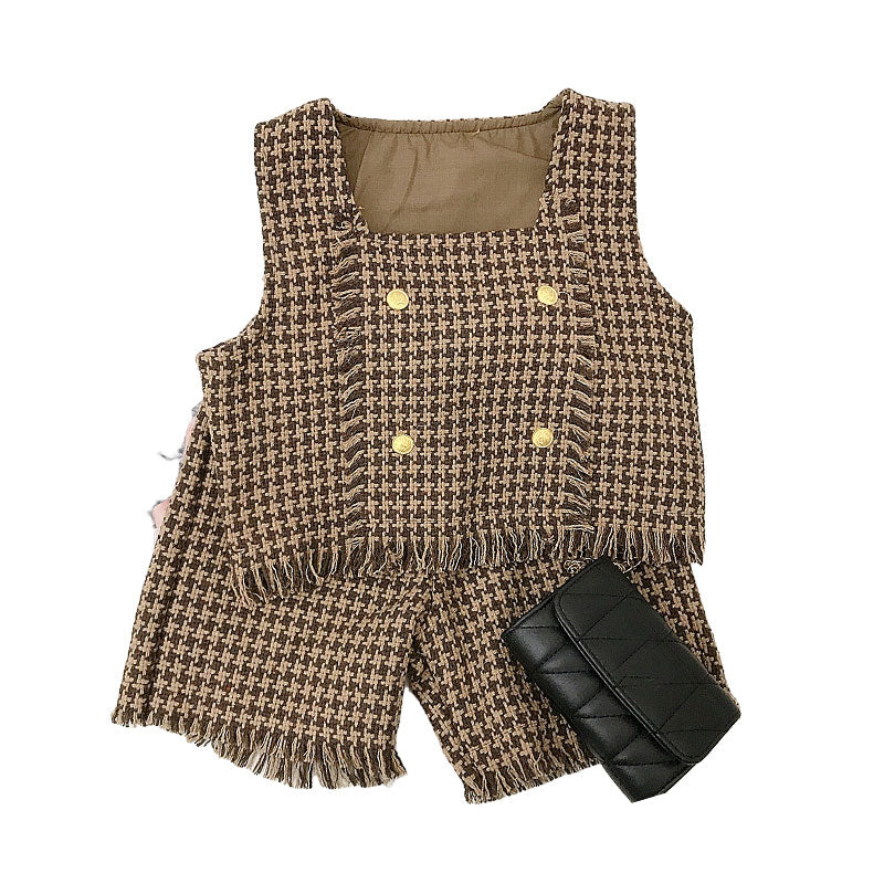 2 Pieces Set Baby Kid Girls Houndstooth Vests Waistcoats And Shorts Wholesale 220114523