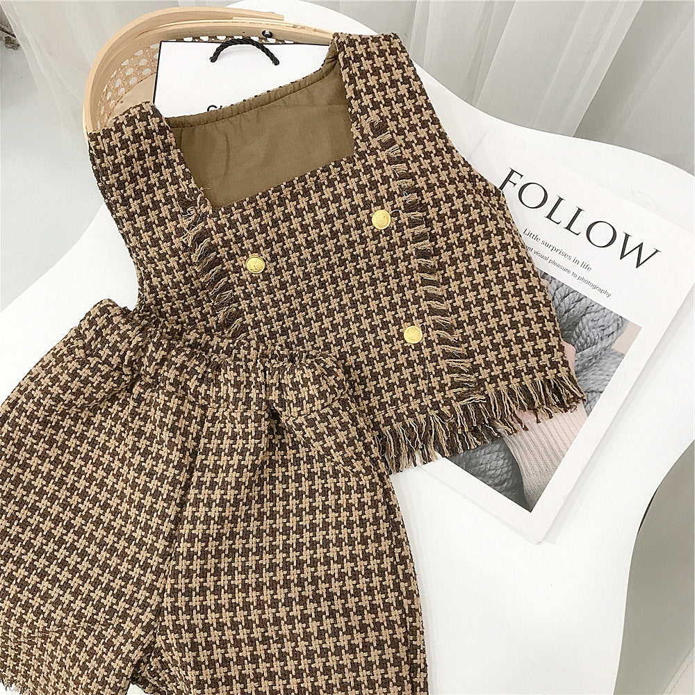 2 Pieces Set Baby Kid Girls Houndstooth Vests Waistcoats And Shorts Wholesale 220114523