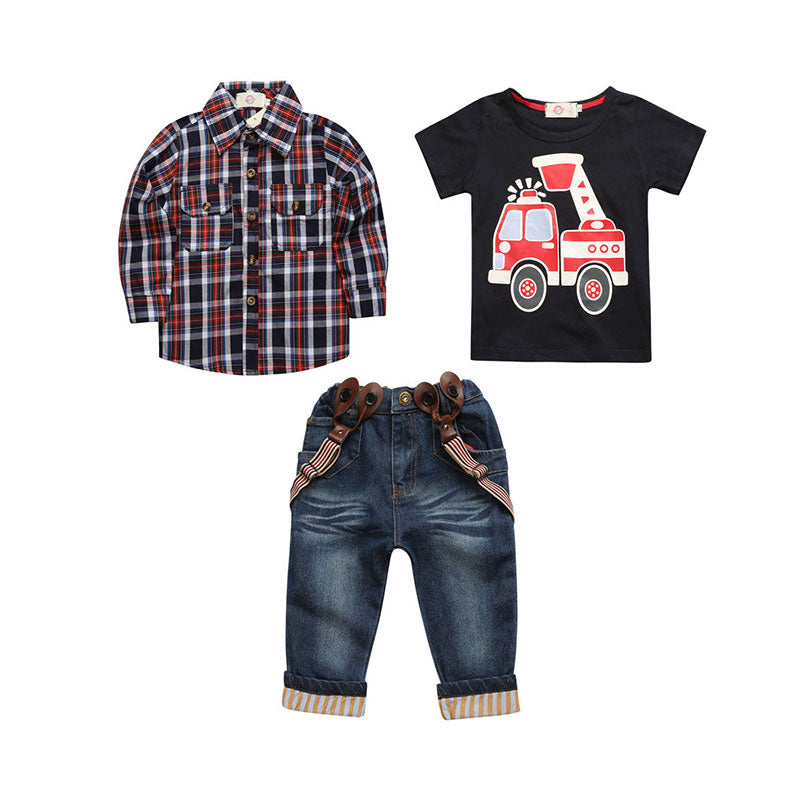 3 Pieces Set Baby Kid Boys Car Cartoon T-Shirts Checked Shirts And Striped Jumpsuits Wholesale 22011447