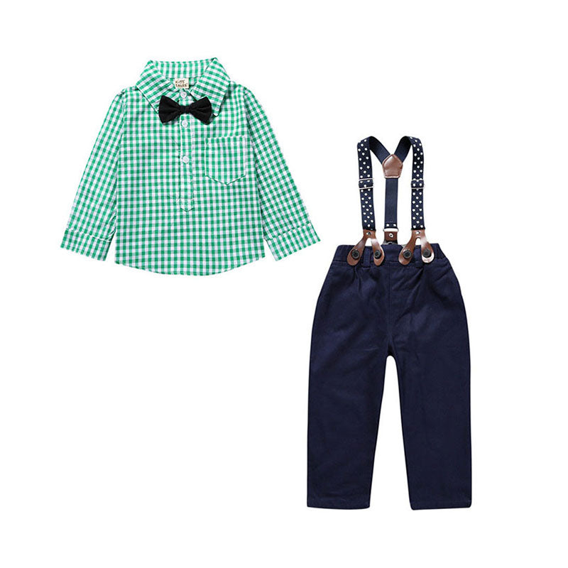 2 Pieces Set Baby Boys Polka dots Checked Bow Shirts And Solid Color Jumpsuits Wholesale 22011480