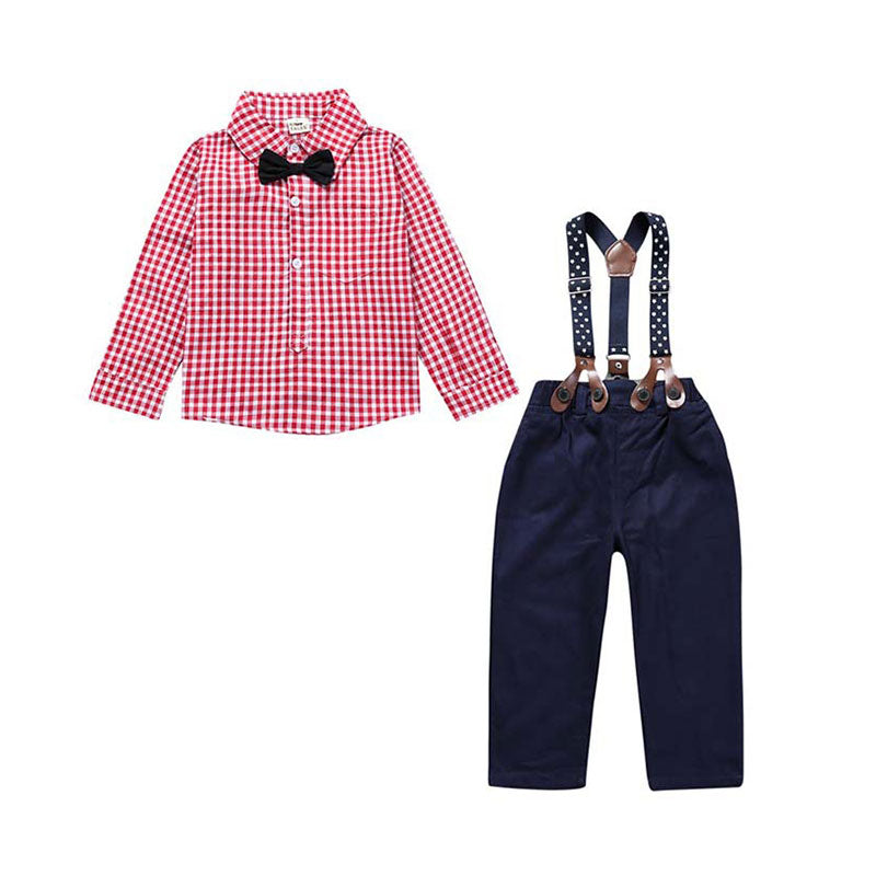 2 Pieces Set Baby Boys Polka dots Checked Bow Shirts And Solid Color Jumpsuits Wholesale 22011480