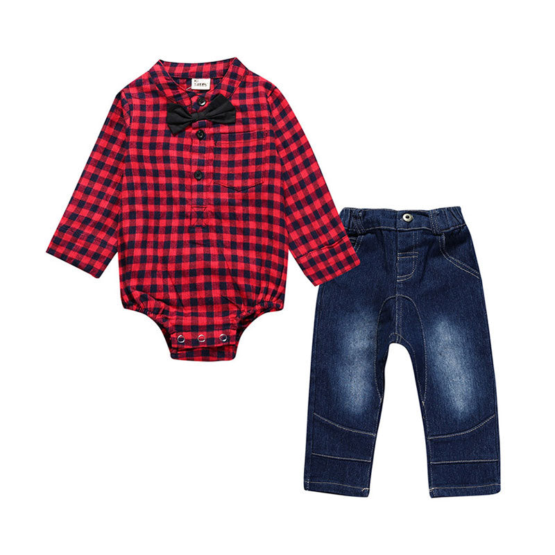 2 Pieces Set Baby Boys Checked Rompers And Solid Color Pants Wholesale 22011494