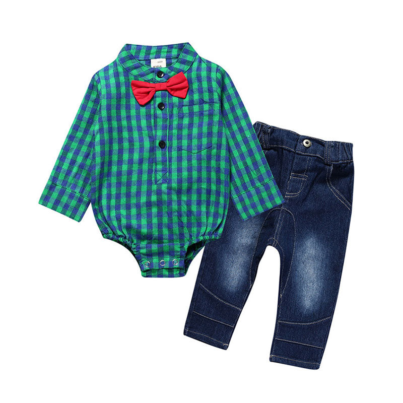 2 Pieces Set Baby Boys Checked Rompers And Solid Color Pants Wholesale 22011494