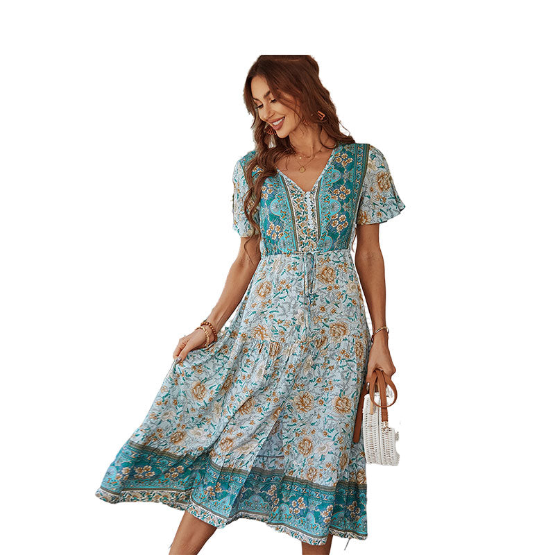 Women Flower Bohemian Print Dresses Wholesale 220118410