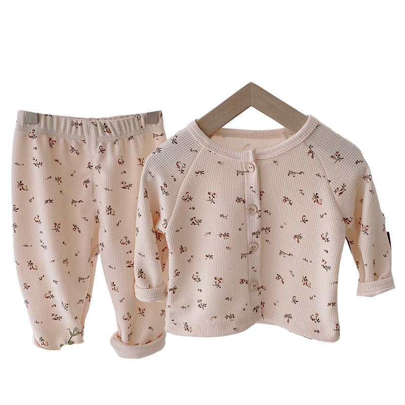 2 Pieces Set Baby Kid Girls Solid Color Flower Print Tops And Muslin&Ribbed Pants Wholesale 220122331
