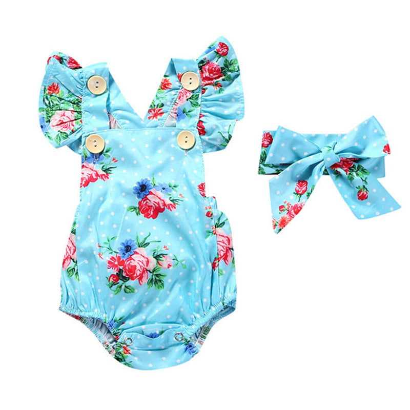 Baby Girls Flower Print Rompers And Accessories Headwear Wholesale 22021405