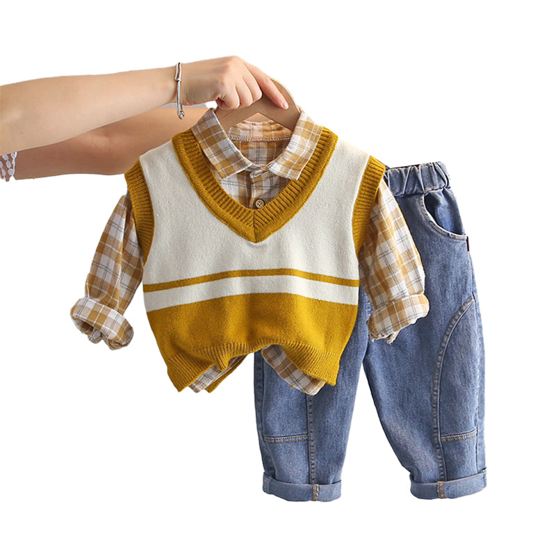 3 Pieces Set Baby Kid Boys Color-blocking Crochet Sweaters Checked Shirts And Jeans Wholesale 220216108