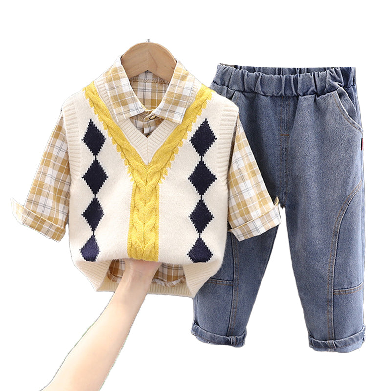 3 Pieces Set Baby Kid Boys Crochet Sweaters Checked Shirts And Jeans Wholesale 220216110