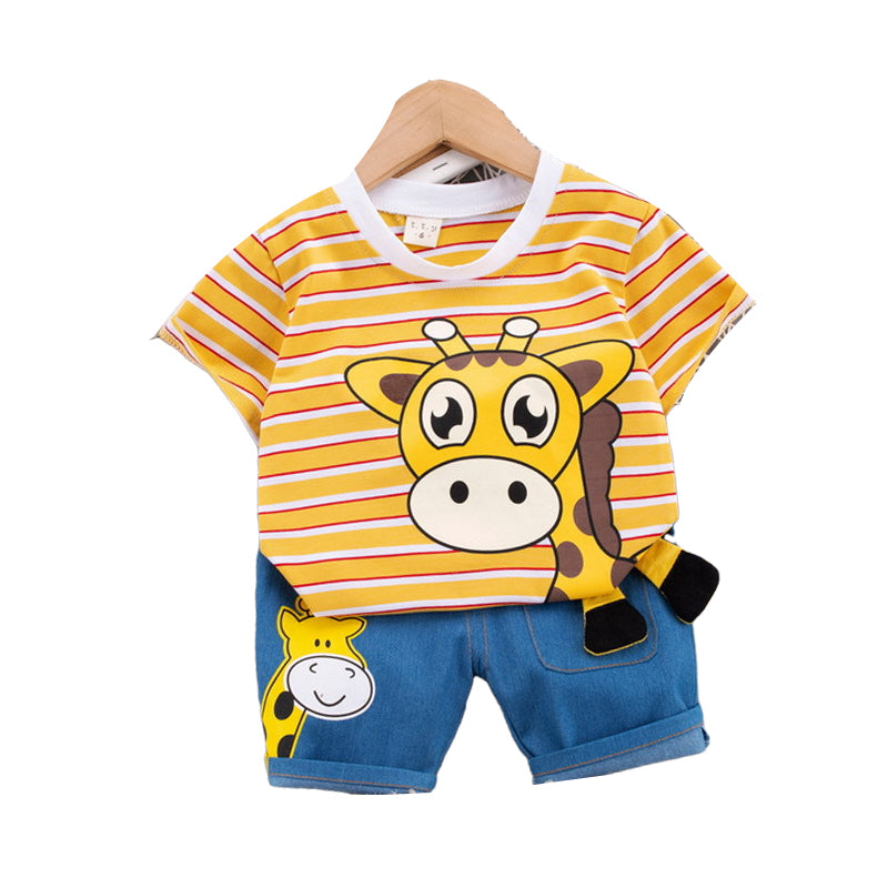 2 Pieces Set Baby Kid Boys Striped Animals Cartoon Print T-Shirts And Letters Jeans Wholesale 220216119