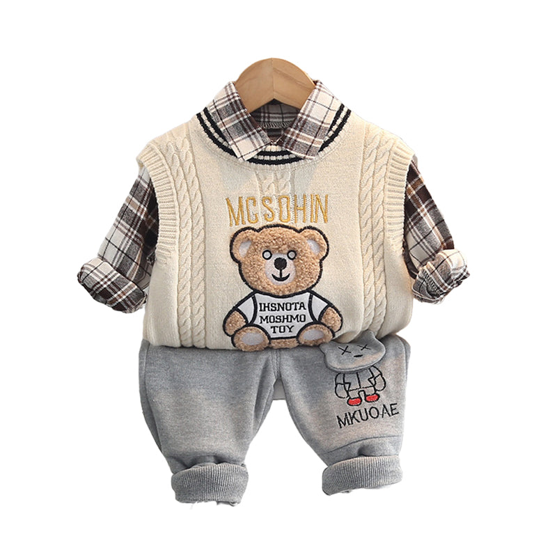 3 Pieces Set Baby Kid Boys Letters Animals Cartoon Crochet Sweaters Checked Shirts And Pants Wholesale 220216229