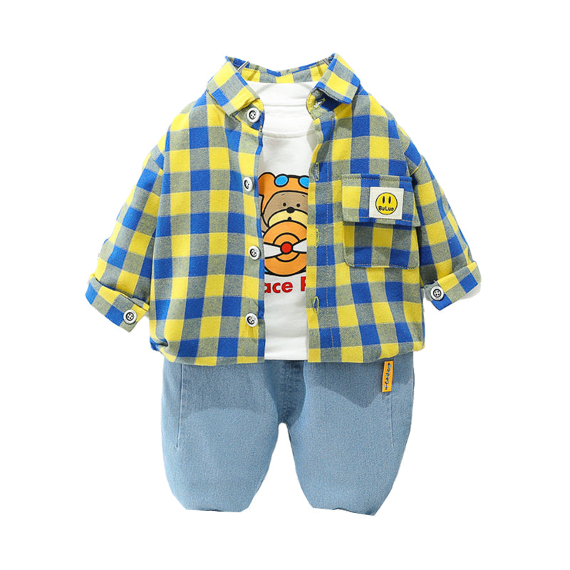 3 Pieces Set Baby Kid Boys Cartoon Print Tops Checked Shirts And Solid Color Pants Wholesale 220216320