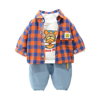 Load image into Gallery viewer, 3 Pieces Set Baby Kid Boys Cartoon Print Tops Checked Shirts And Solid Color Pants Wholesale 220216320
