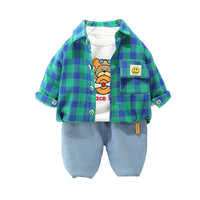 Load image into Gallery viewer, 3 Pieces Set Baby Kid Boys Cartoon Print Tops Checked Shirts And Solid Color Pants Wholesale 220216320
