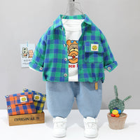 Load image into Gallery viewer, 3 Pieces Set Baby Kid Boys Cartoon Print Tops Checked Shirts And Solid Color Pants Wholesale 220216320
