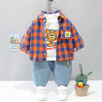Load image into Gallery viewer, 3 Pieces Set Baby Kid Boys Cartoon Print Tops Checked Shirts And Solid Color Pants Wholesale 220216320
