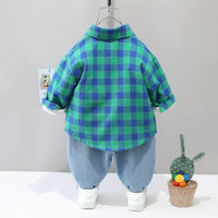 Load image into Gallery viewer, 3 Pieces Set Baby Kid Boys Cartoon Print Tops Checked Shirts And Solid Color Pants Wholesale 220216320
