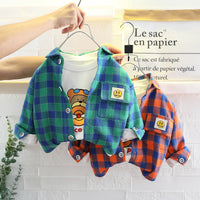 Load image into Gallery viewer, 3 Pieces Set Baby Kid Boys Cartoon Print Tops Checked Shirts And Solid Color Pants Wholesale 220216320
