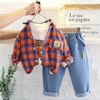 Load image into Gallery viewer, 3 Pieces Set Baby Kid Boys Cartoon Print Tops Checked Shirts And Solid Color Pants Wholesale 220216320
