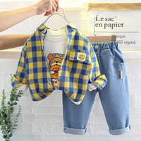 Load image into Gallery viewer, 3 Pieces Set Baby Kid Boys Cartoon Print Tops Checked Shirts And Solid Color Pants Wholesale 220216320

